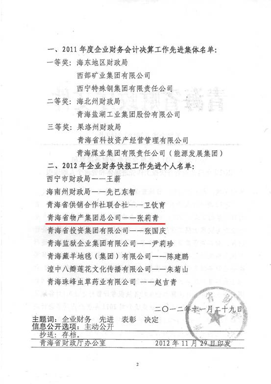 星空娱乐集团荣获2011年度财务决算先进单位、2012年度财务快报工作先进个人表彰
